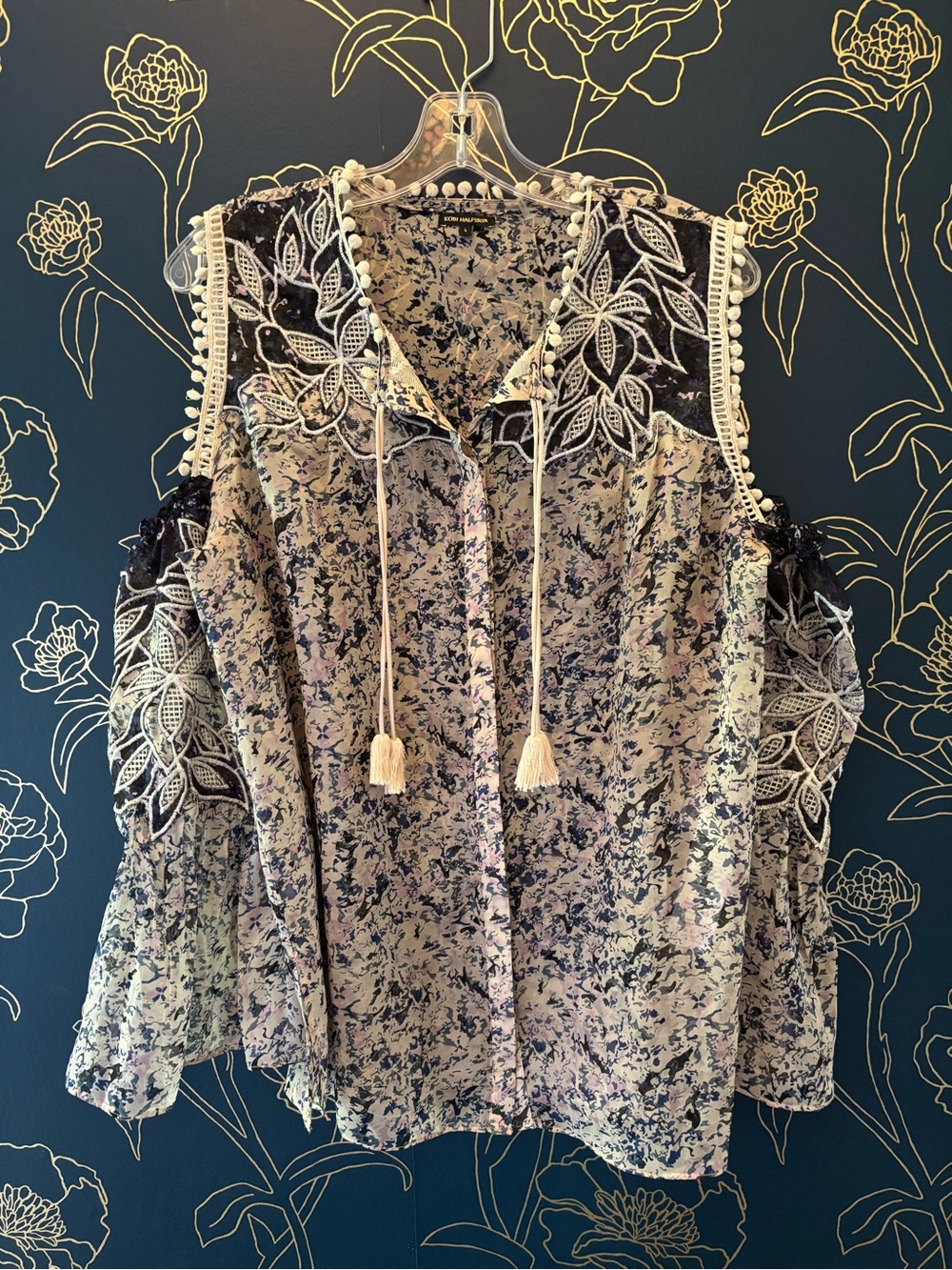 KOBI HALPERIN boho EMBELLESHED sheer tassel TOP bell sleeve LARGE lightweight